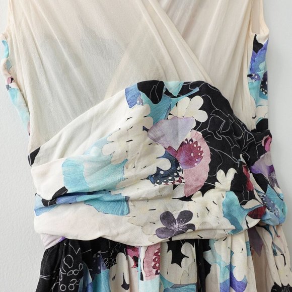 Floral Silk Dress Size Small White Mini Botanical Ruffle Cross Back Sheer Boho - Picture 15 of 16
